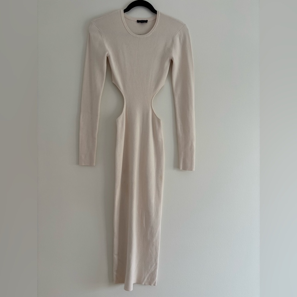 Dynamite Long Sleeve Cutout Midi Dress in Light Beige